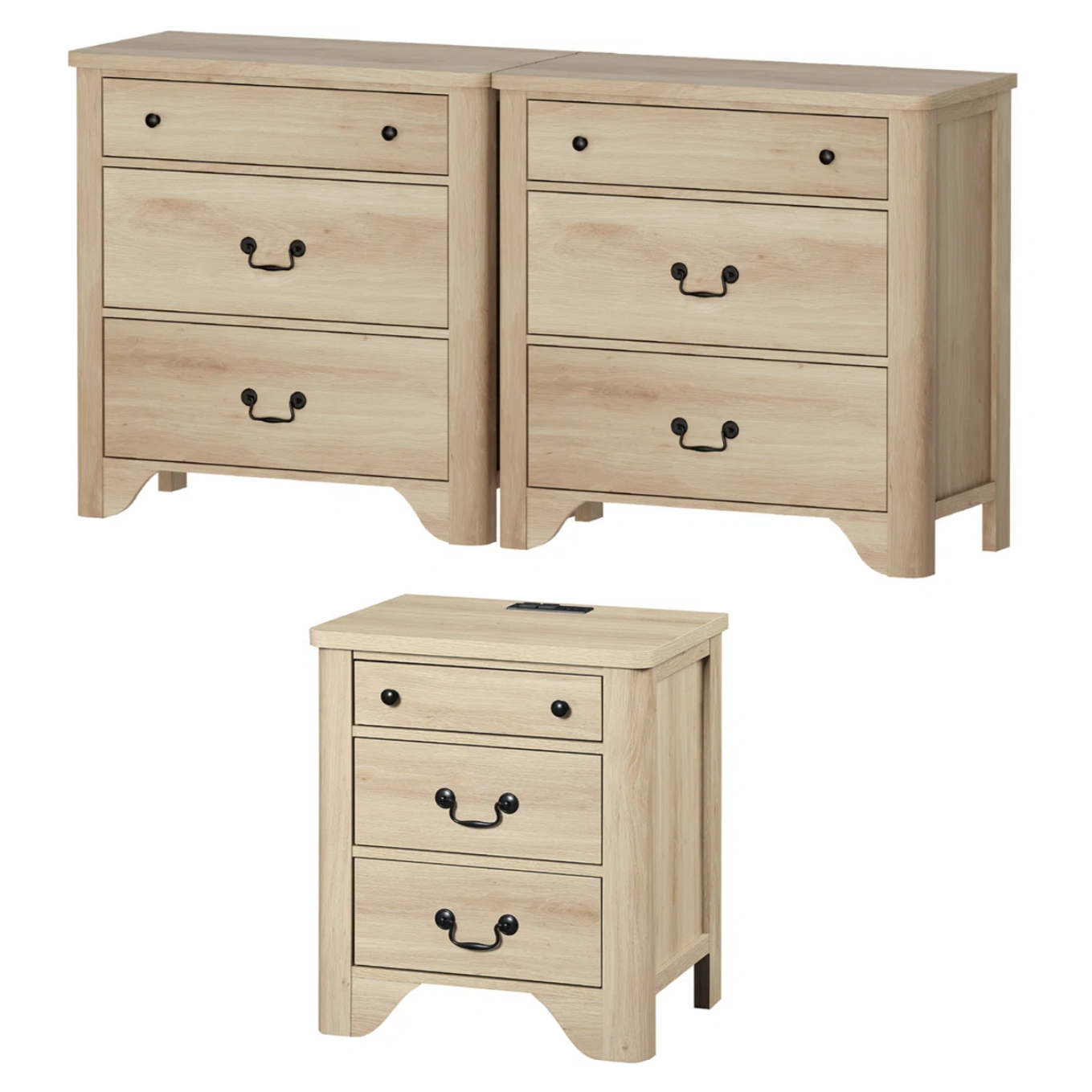 Two wooden dressers with three drawers each, featuring black handles, alongside a matching smaller nightstand with three drawers.