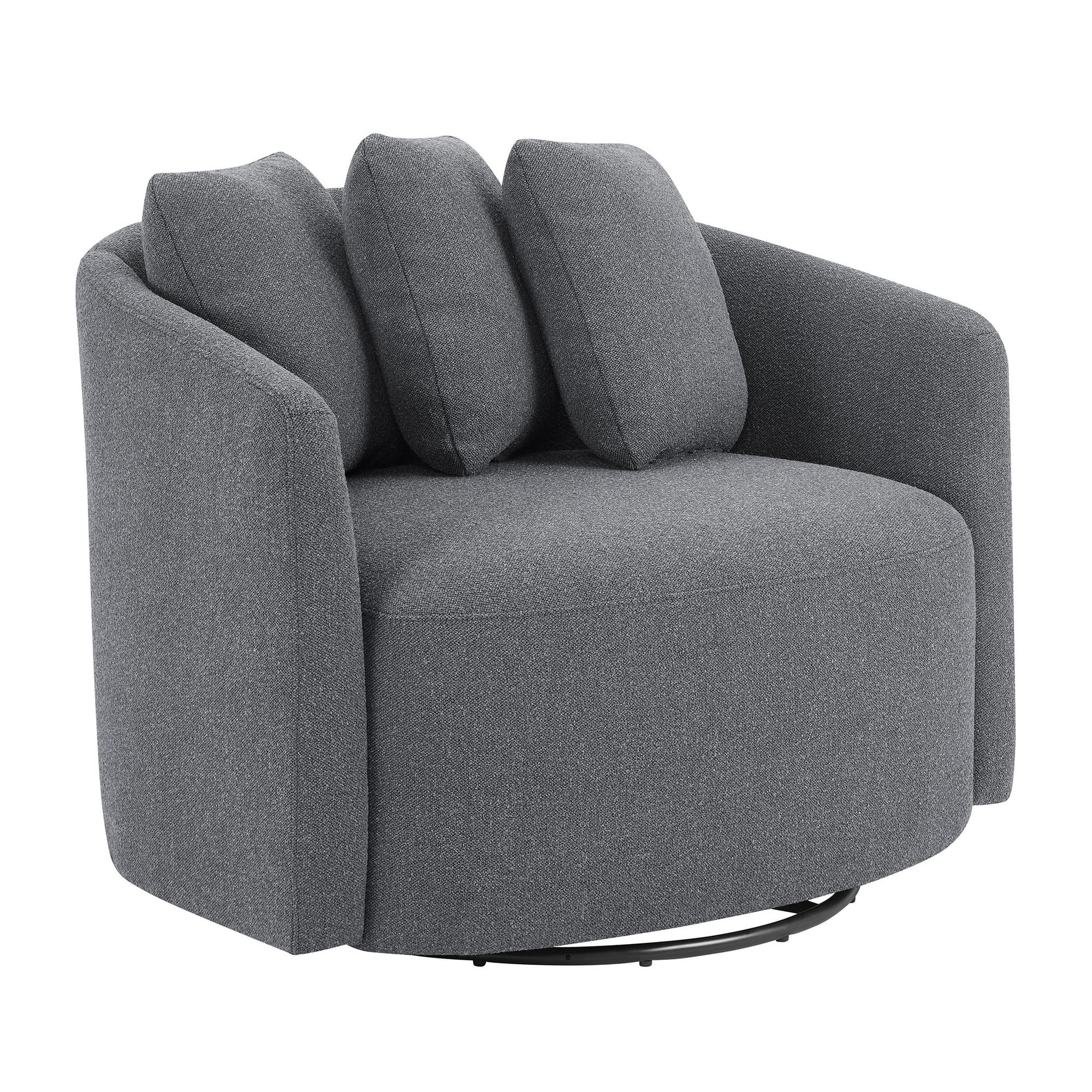 A grey, oversized swivel chair with a rounded design featuring three cushioned backrests and soft fabric upholstery.