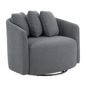 A grey, oversized swivel chair with a rounded design featuring three cushioned backrests and soft fabric upholstery.