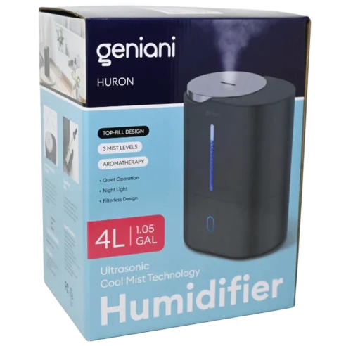 Geniani Huron ultrasonic cool mist humidifier, 4L (1.05 gal), features top-fill design, 3 mist levels, aromatherapy, quiet operation, night light, and filterless design.