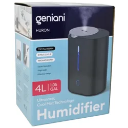 Geniani Huron ultrasonic cool mist humidifier, 4L (1.05 gal), features top-fill design, 3 mist levels, aromatherapy, quiet operation, night light, and filterless design.