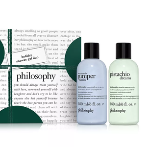 Holiday Shower Gel Duo by Philosophy includes two fragrances: Enchanted Juniper Berries and Pistachio Dreams, each in 180 ml/6 fl. oz. bottles.