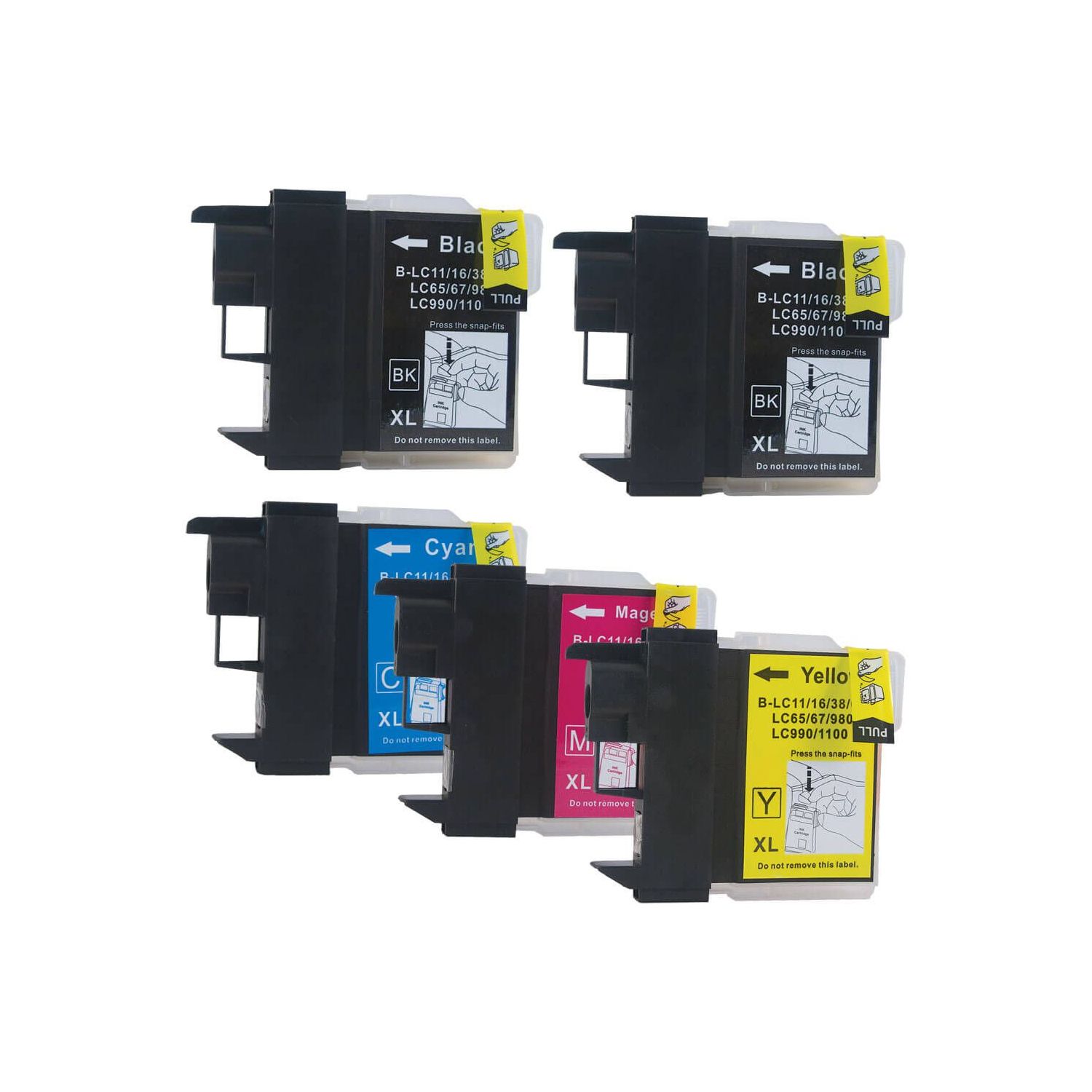 A set of four printer ink cartridges in black, cyan, magenta, and yellow, marked \“B-LC11/16/38,\“ and labeled XL.