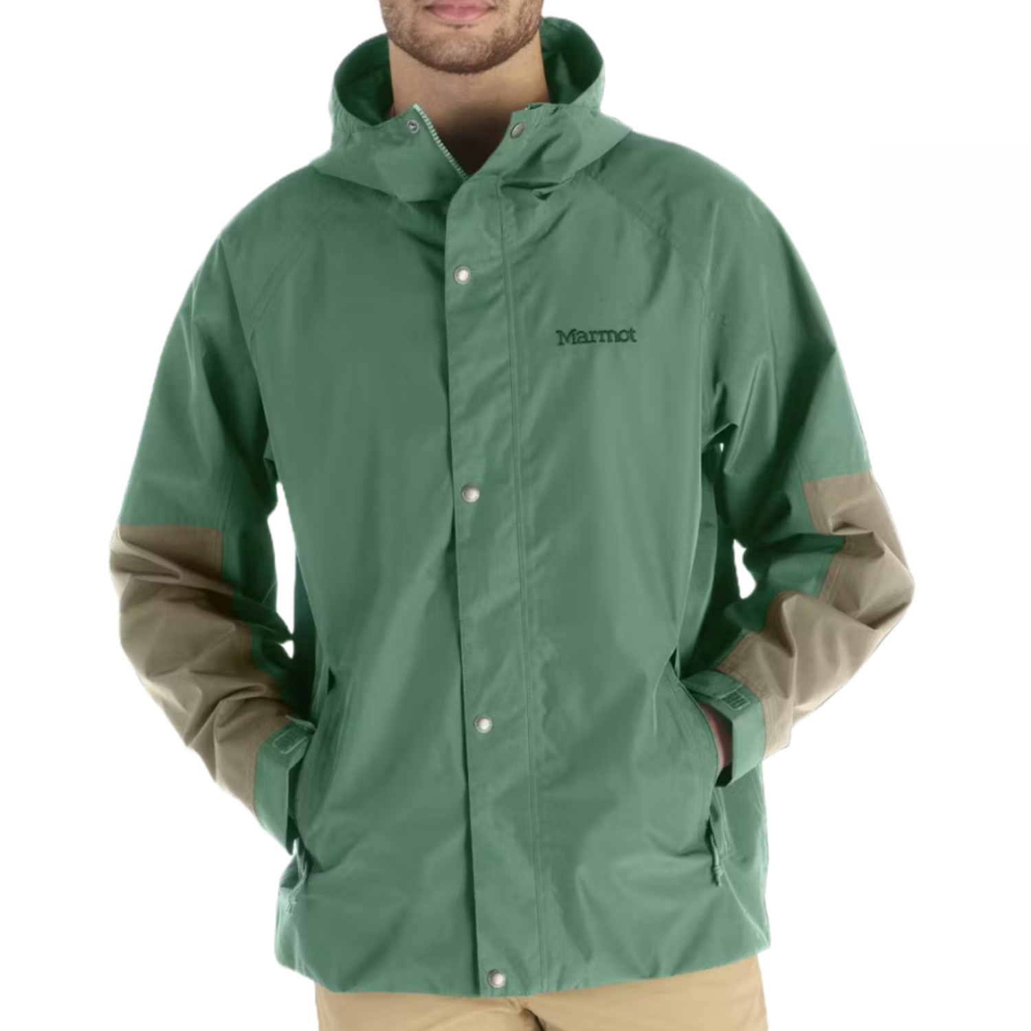 Marmot Men's Cascade Rain Jacket is a green rain jacket with beige accents on the sleeves, featuring a hood, front snap buttons, zip pockets, and a logo on the chest.