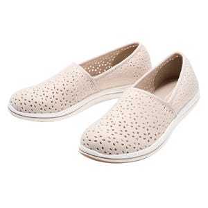 Beige slip-on shoes with a perforated design and white soles.