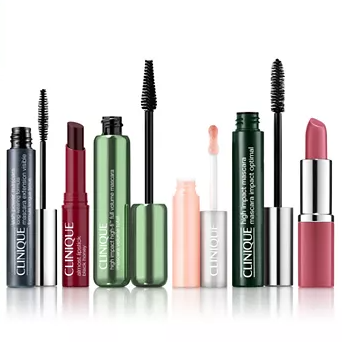The 6pc Clinique Lash & Lip Holiday Set includes two mascaras, two lipsticks, a lip gloss, and a lip balm, all in assorted shades and sleek packaging.