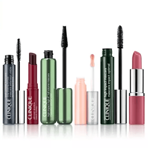 The 6pc Clinique Lash & Lip Holiday Set includes two mascaras, two lipsticks, a lip gloss, and a lip balm, all in assorted shades and sleek packaging.