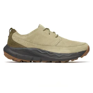 A Merrell shoe in a light tan color with a rugged black sole and brown tread, designed for outdoor use. The shoe features a suede upper with laces and has \“FLEXCONNECT\“ engraved on the midsole.