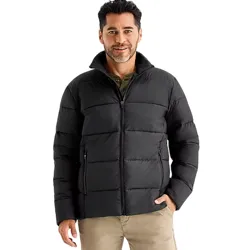 A man is wearing a black puffer jacket with a front zipper and side pockets, paired with beige pants.