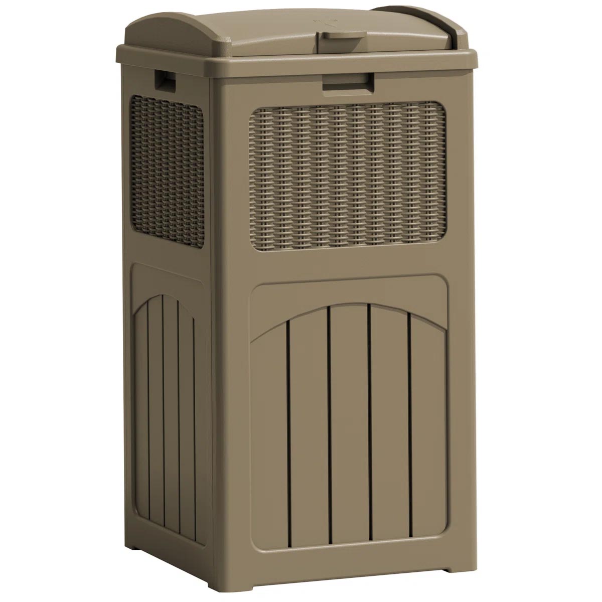 Tall, rectangular, brown outdoor trash can with a wicker panel design and a hinged lid.