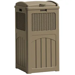 Tall, rectangular, brown outdoor trash can with a wicker panel design and a hinged lid.