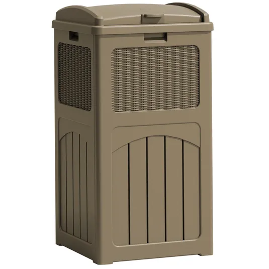 Tall, rectangular, brown outdoor trash can with a wicker panel design and a hinged lid.