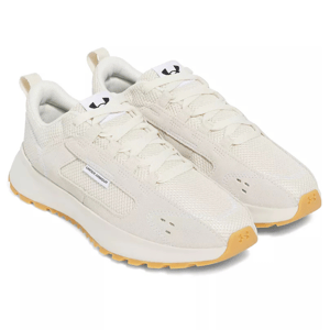 Under Armour sneakers with a beige textile upper, lace-up design, and gum-colored outsole.