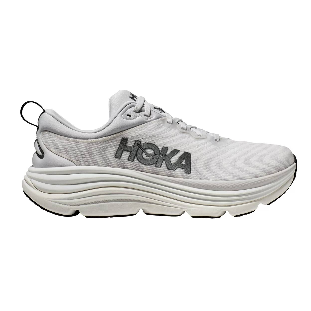 Hoka Gaviota 5 running shoes feature a streamlined design with a white mesh upper, large black Hoka logo, enhanced cushioning sole, and a pull tab at the heel for easy wear.
