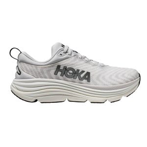 Hoka Gaviota 5 running shoes feature a streamlined design with a white mesh upper, large black Hoka logo, enhanced cushioning sole, and a pull tab at the heel for easy wear.