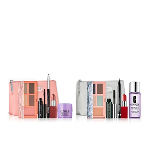Two sets of Clinique makeup collections, each with a cosmetic bag, eyeshadow palette, mascara, eyeliner, lip color, and skincare product. One set is pink-themed, and the other is violet-themed.