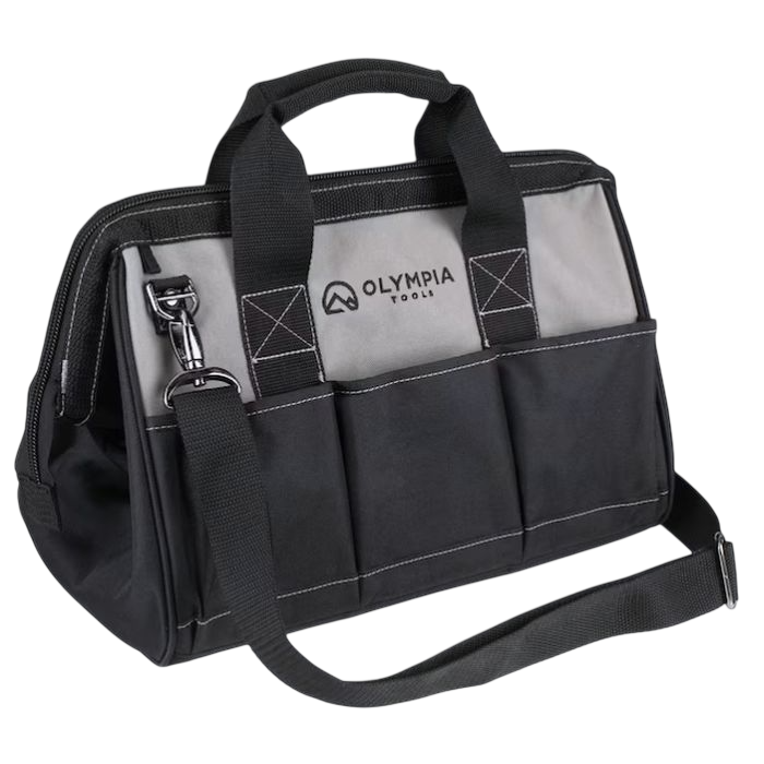 A black and gray Olympia Tools tool bag featuring multiple exterior pockets, reinforced handles, and a detachable shoulder strap.