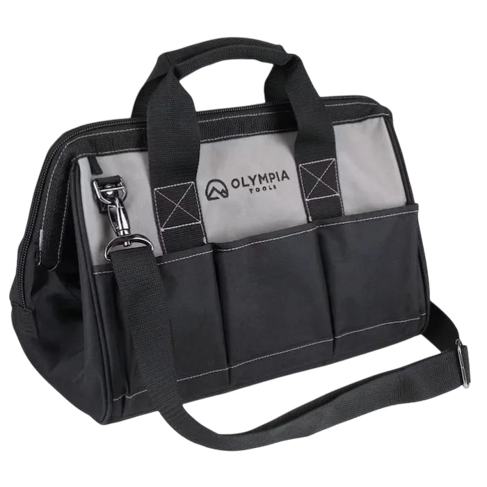 A black and gray Olympia Tools tool bag featuring multiple exterior pockets, reinforced handles, and a detachable shoulder strap.