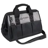 A black and gray Olympia Tools tool bag featuring multiple exterior pockets, reinforced handles, and a detachable shoulder strap.