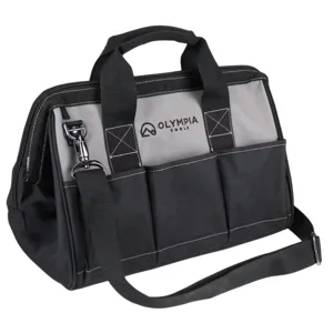 A black and gray Olympia Tools tool bag featuring multiple exterior pockets, reinforced handles, and a detachable shoulder strap.