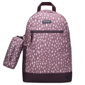 A pink Abercrombie backpack with a white dotted pattern and a matching cylindrical pouch attached to the side.