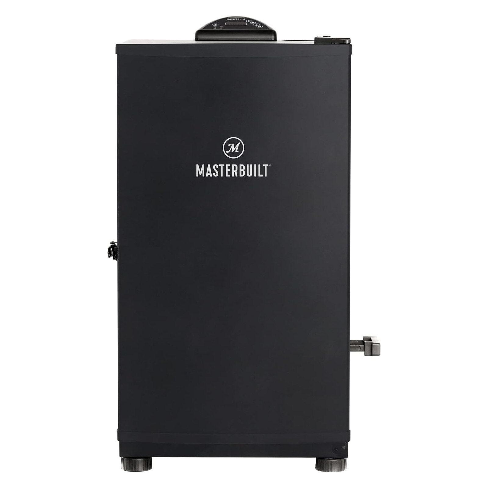 Masterbuilt Electric Smoker in black with a digital control panel on top for adjusting temperature and time. Designed for consistent smoking, it features a side wood chip loader.