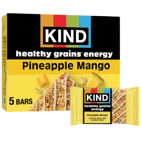 KIND healthy grains energy bars, Pineapple Mango flavor, in a box containing 5 bars.