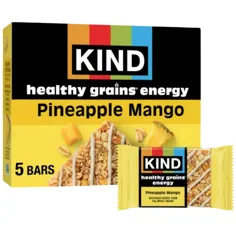 KIND healthy grains energy bars, Pineapple Mango flavor, in a box containing 5 bars.