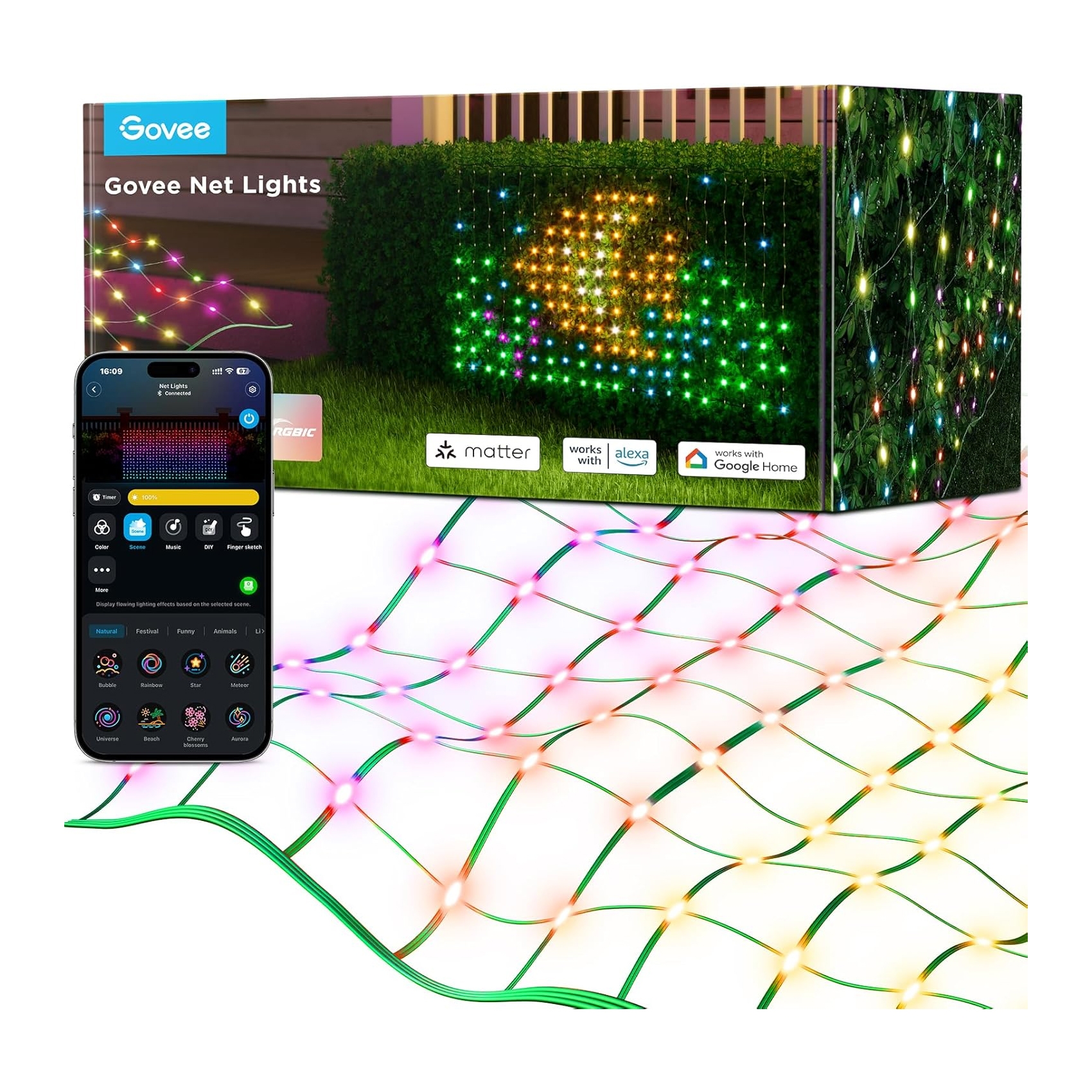 Govee Outdoor Net Lights feature RGBIC lighting with app control, compatible with Matter, Alexa, and Google Home. They form a 6x4ft grid for customizable displays on outdoor surfaces.