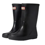 A pair of black rubber Hunter boots with a textured sole and a logo on the front.