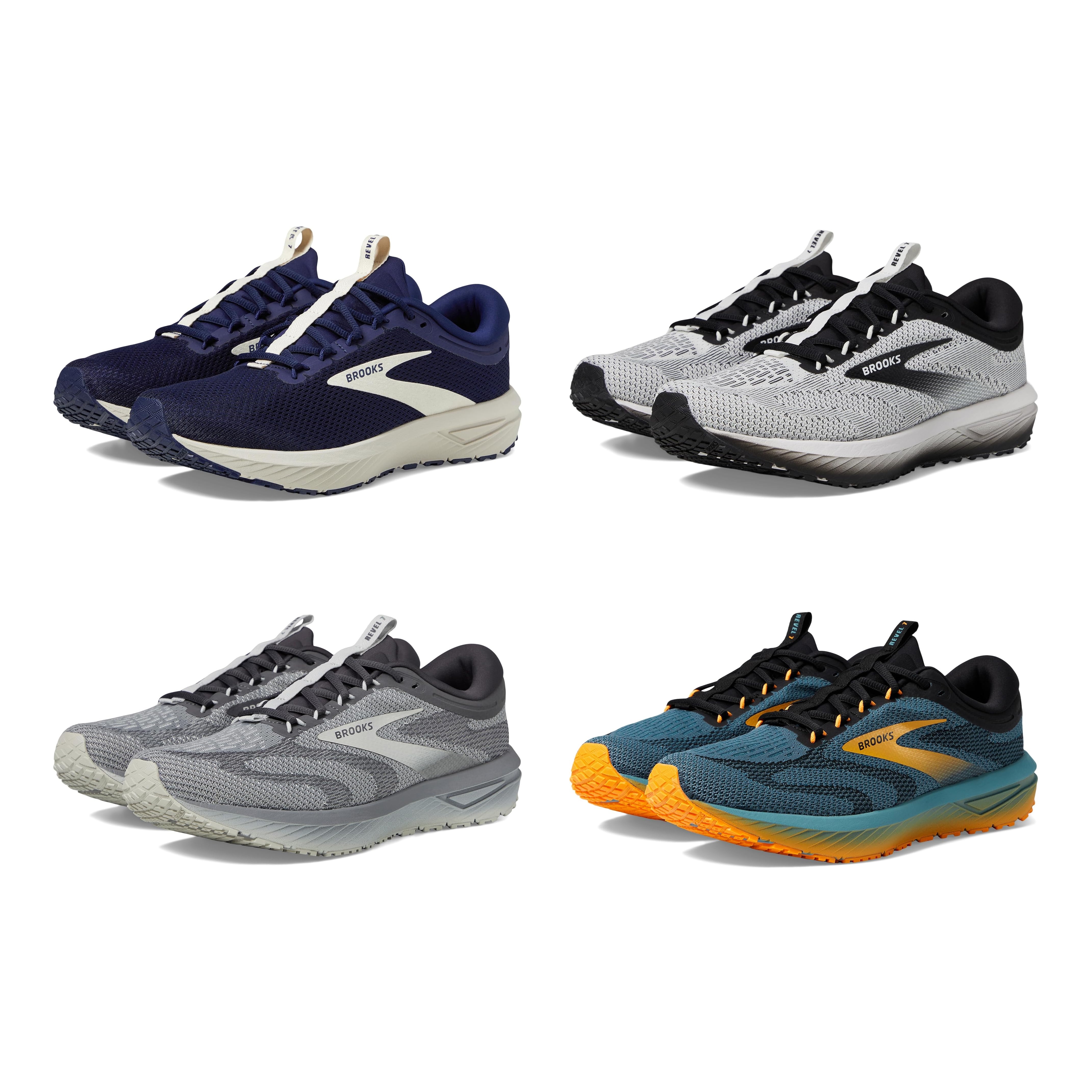 Four pairs of Brooks running shoes in assorted colors: navy, gray, patterned gray, and teal with orange soles.