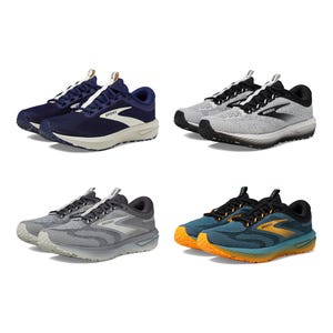 Four pairs of Brooks running shoes in assorted colors: navy, gray, patterned gray, and teal with orange soles.