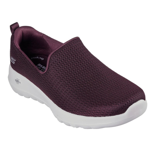 Skechers Go Walk Joy Slip-On Shoes feature a breathable plum-colored mesh upper with a white cushioned sole for comfort and support.