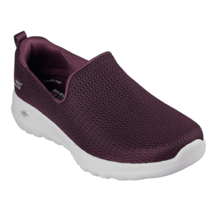 Skechers Go Walk Joy Slip-On Shoes feature a breathable plum-colored mesh upper with a white cushioned sole for comfort and support.