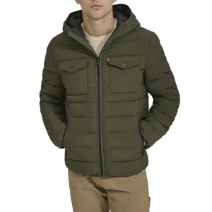 Levi's Men's Puffer Jacket in olive green features a hood, front zipper, and two chest pockets with button flaps. It is designed for warmth with a quilted, padded structure.