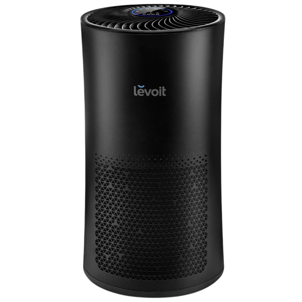 A Levoit air purifier featuring a sleek black cylindrical design with a vented front for air filtration and a control panel on top.
