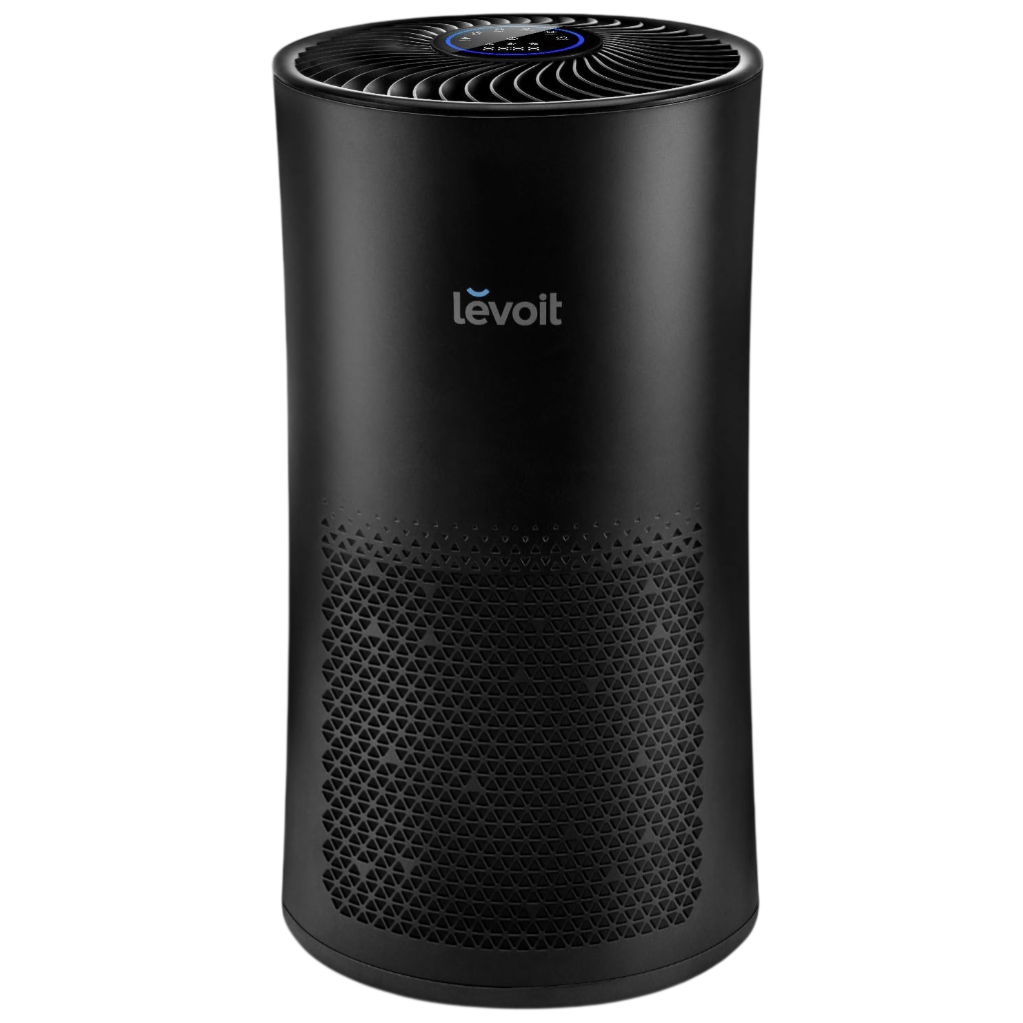 A Levoit air purifier featuring a sleek black cylindrical design with a vented front for air filtration and a control panel on top.