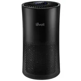 A Levoit air purifier featuring a sleek black cylindrical design with a vented front for air filtration and a control panel on top.