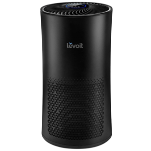 A Levoit air purifier featuring a sleek black cylindrical design with a vented front for air filtration and a control panel on top.