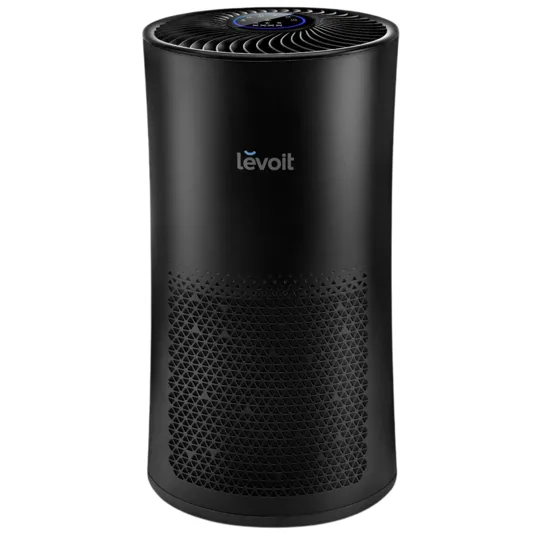 A Levoit air purifier featuring a sleek black cylindrical design with a vented front for air filtration and a control panel on top.