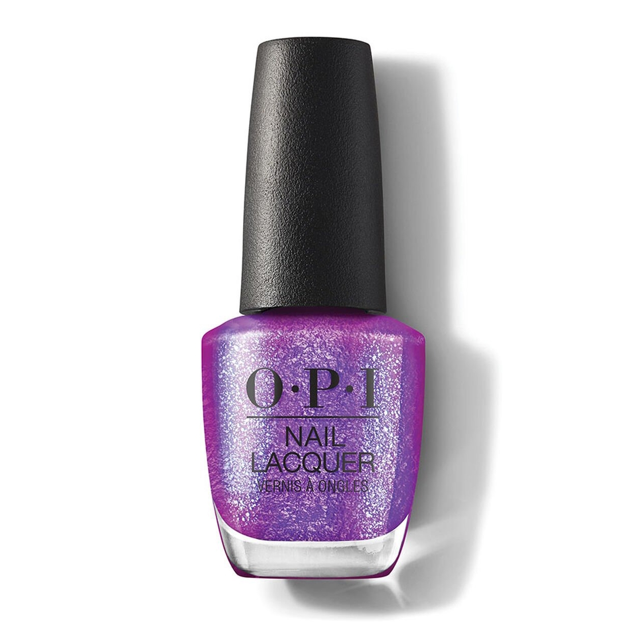OPI Nail Lacquer in a shimmering purple shade with a black cap, featuring iridescent glitter.