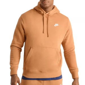 The Nike Sportswear Hoodie is a light brown pullover featuring a hood with drawstrings, a front kangaroo pocket, and a white Nike logo on the chest.