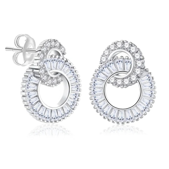 Elegant silver-tone intertwined circular earrings featuring sparkling crystals and baguette-cut stones.