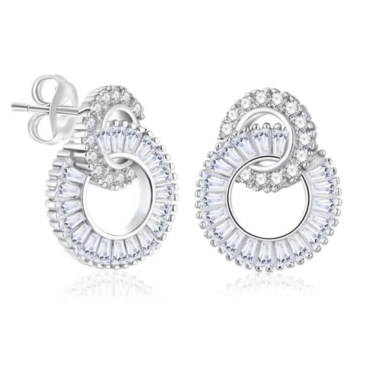 Elegant silver-tone intertwined circular earrings featuring sparkling crystals and baguette-cut stones.