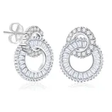 Elegant silver-tone intertwined circular earrings featuring sparkling crystals and baguette-cut stones.