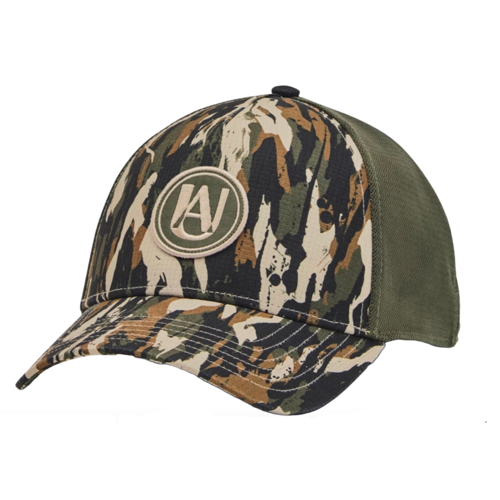 The UA Iso-Chill Camo Hat features a woodland camouflage design with an olive green mesh back. It includes an embroidered circular logo on the front and a structured bill for sun protection.