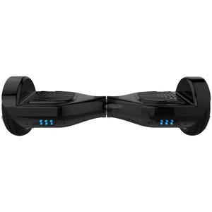 A black hoverboard featuring rubber footpads and LED indicators on the front, suitable for personal transportation.