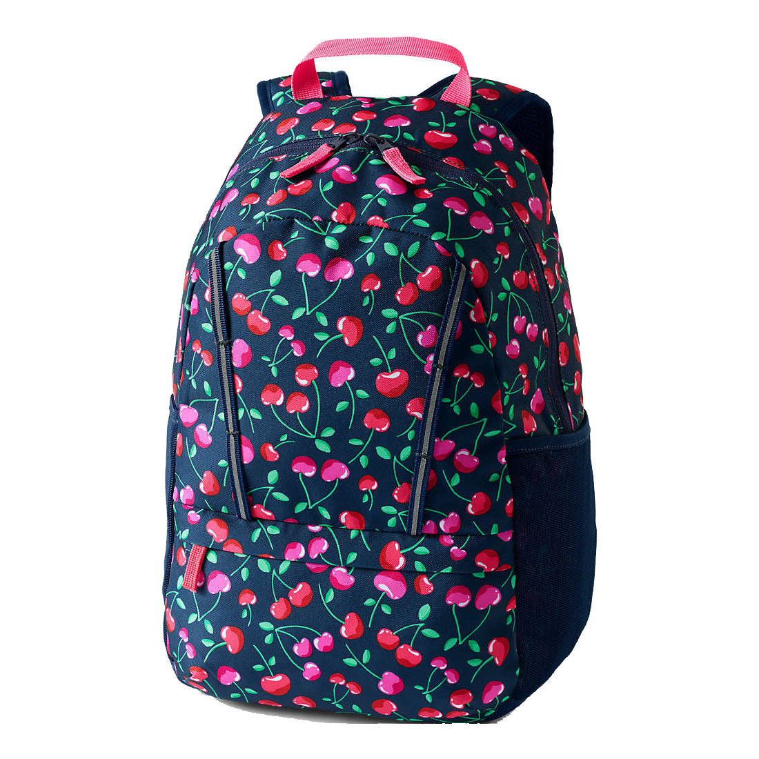 Lands' End Kids ClassMate Small Backpack features a cherry print on a navy background with pink and red accents, including a pink handle and zipper pulls. It's designed with side pockets and a spacious main compartment for school essentials.