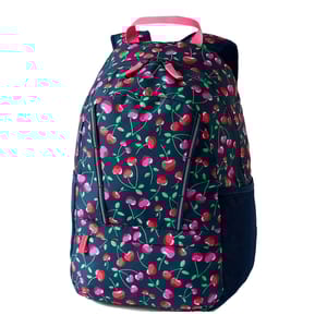 Lands' End Kids ClassMate Small Backpack features a cherry print on a navy background with pink and red accents, including a pink handle and zipper pulls. It's designed with side pockets and a spacious main compartment for school essentials.