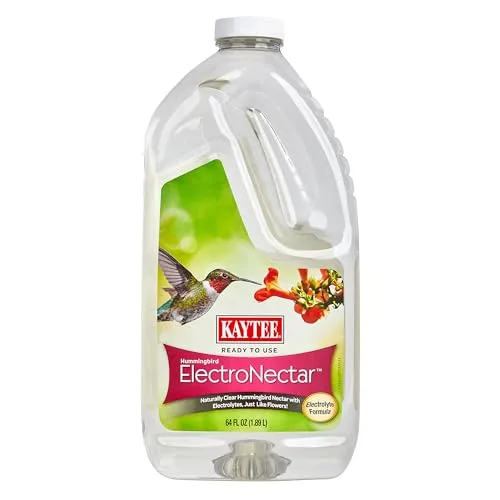 Kaytee ElectroNectar, a ready-to-use hummingbird nectar, features an electrolyte formula and comes in a 64 fl oz (1.89 L) container.